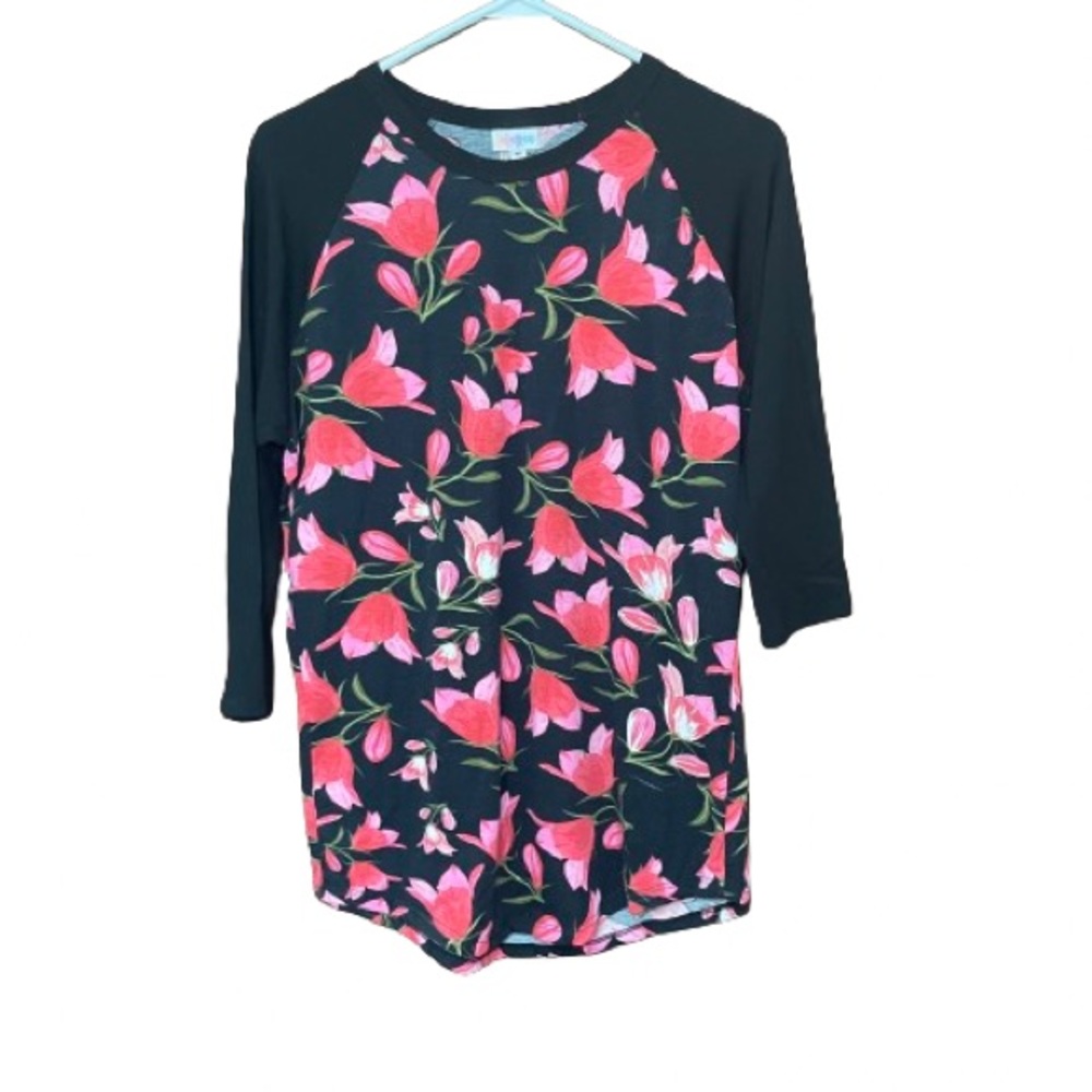 LuLaRoe Randy Baseball Tee Black and Red/Pink Floral Size Medium